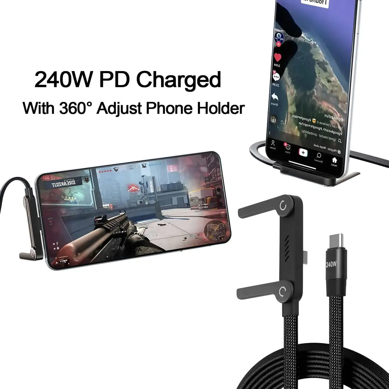 

240W Fast Charging Foldable Phone Holder Data Cable Fast Charging Multi Charger Cord With Type C 2-in-1 Foldable Data Cable