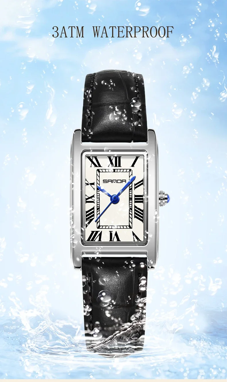 SANDA New Leisure Leather Strap Men Women Couple Tank Watches Vintage Korean Roman Scale Square Temperament Quartz Wristwatch