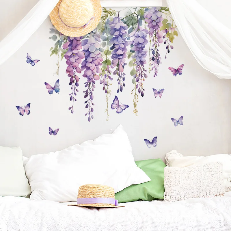 Purple Flower Plants Floral Wall Stickers Home Room Decoration Bedroom Adhesive Wallpaper Wall Furniture Door House Interior