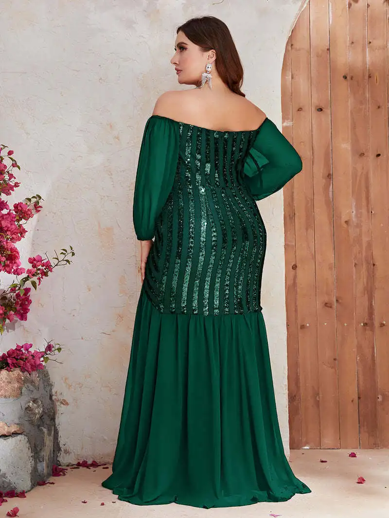 Women Plus Size Evening Dresses Strapless Sequins Splicing Party Dresses 2023 New Sexy Green Wedding Dress Large Size Female