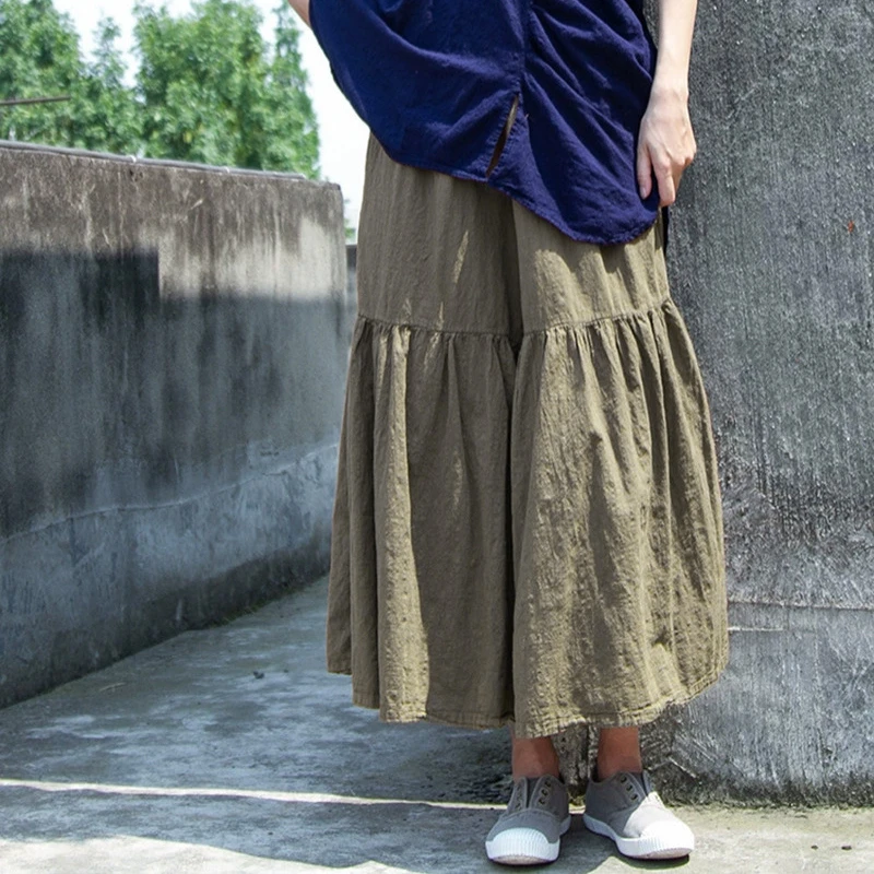 Women Cotton Linen Casual Skirt New Arrival 2025 Autumn Vintage Style Solid Color Loose Female Basics Long Skirts M2232