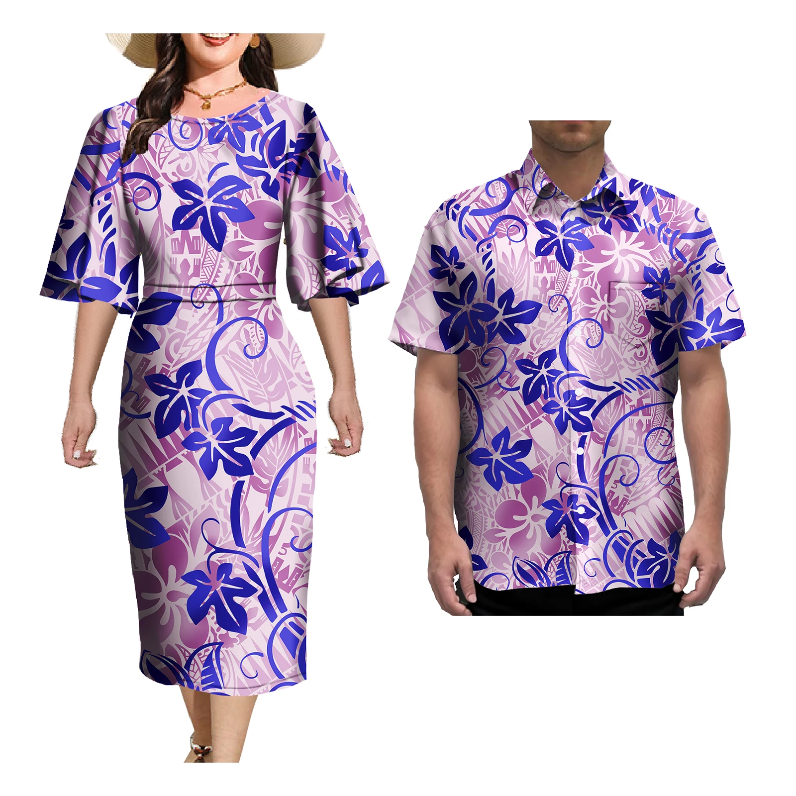 Ensembles de tenues de couple pour femmes et hommes, robes de soirée pour dames, conception de motifs, grande taille, robe tambour con, chemise hawaïenne classique