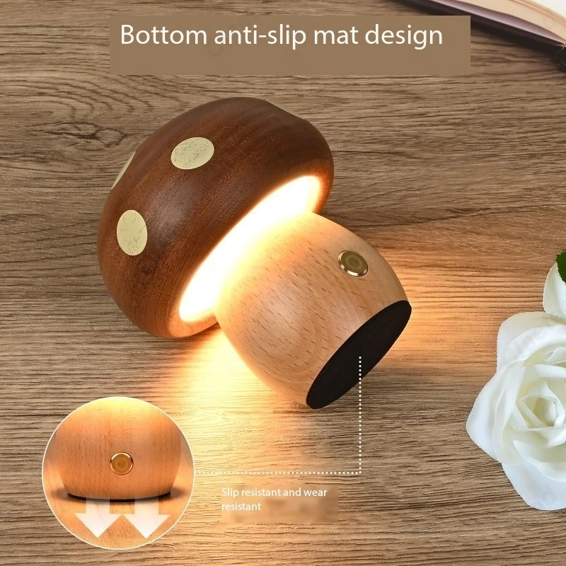 Creative LED Solid Wood Mushroom Night Light Bedroom Bedside Atmosphere Lighting Children's Room Desk Lamp