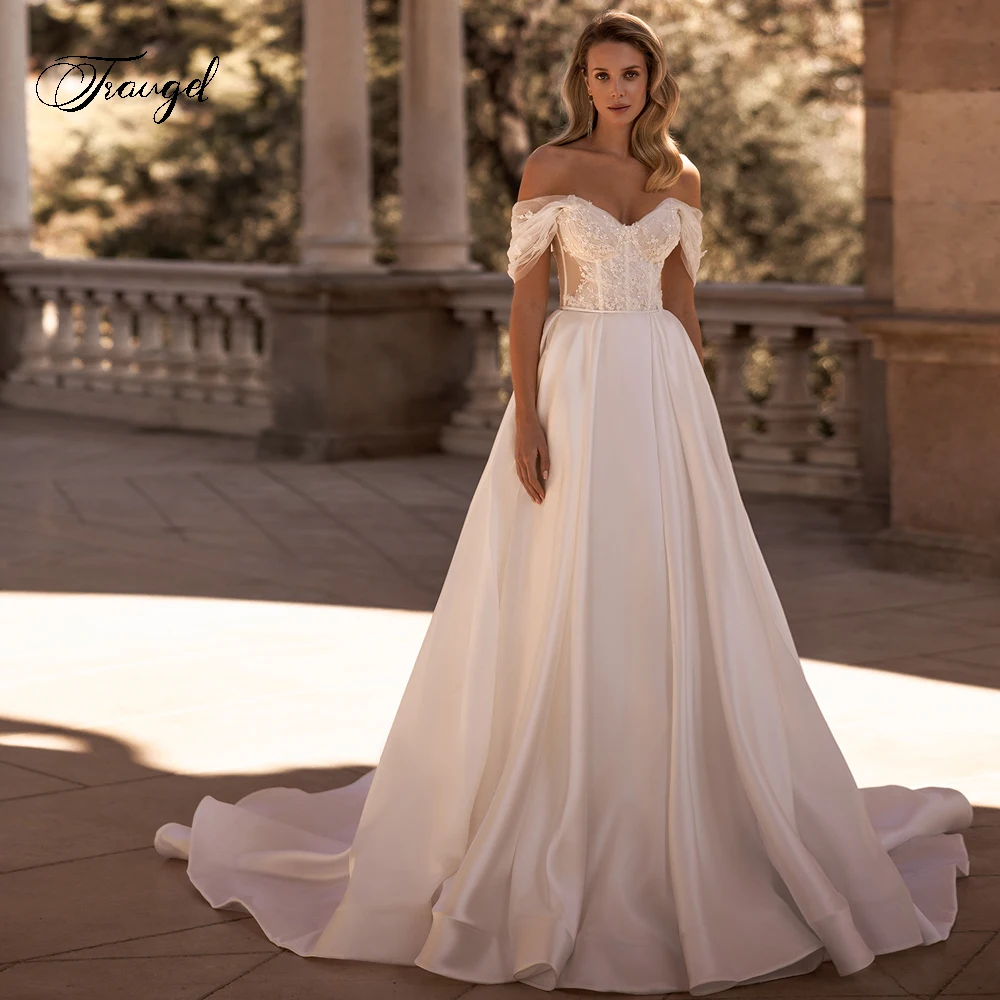 Traugel Sexy Illusion Sweetheart Flowers Satin Wedding Dresses Delicate Appliques Beaded Court Train A Line Bridal Gown