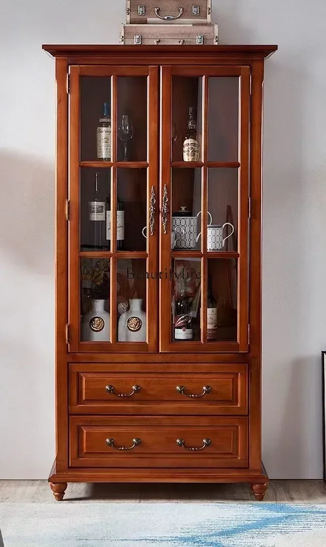 

56American solid wood with glass door integrated whole wall dustproof display wine cabinet floor