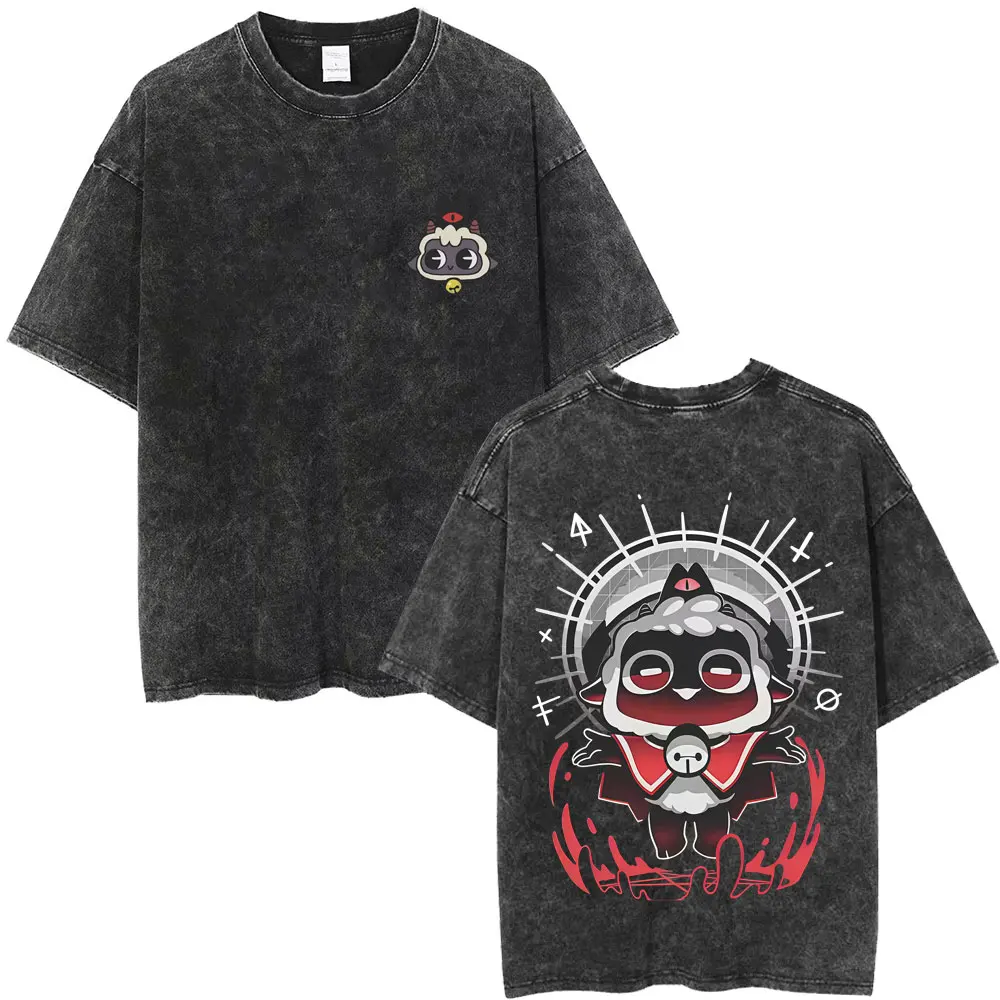 Limited Game Cult of The Lamb Vintage Washed T-shirt Men Women Casual Cotton Oversized T-shirts Cosplay Player Merch T Shirts