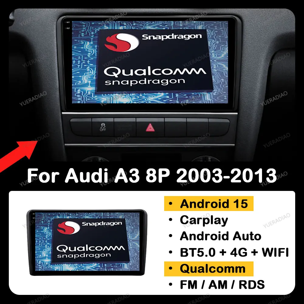 

Android 15 Car Radio For Audi A3 8P 2003 - 2013 GPS NAVI 4G LTE 5G WIFI 2DIN QLED BT Qualcomm Multimedia Stereo Video Player