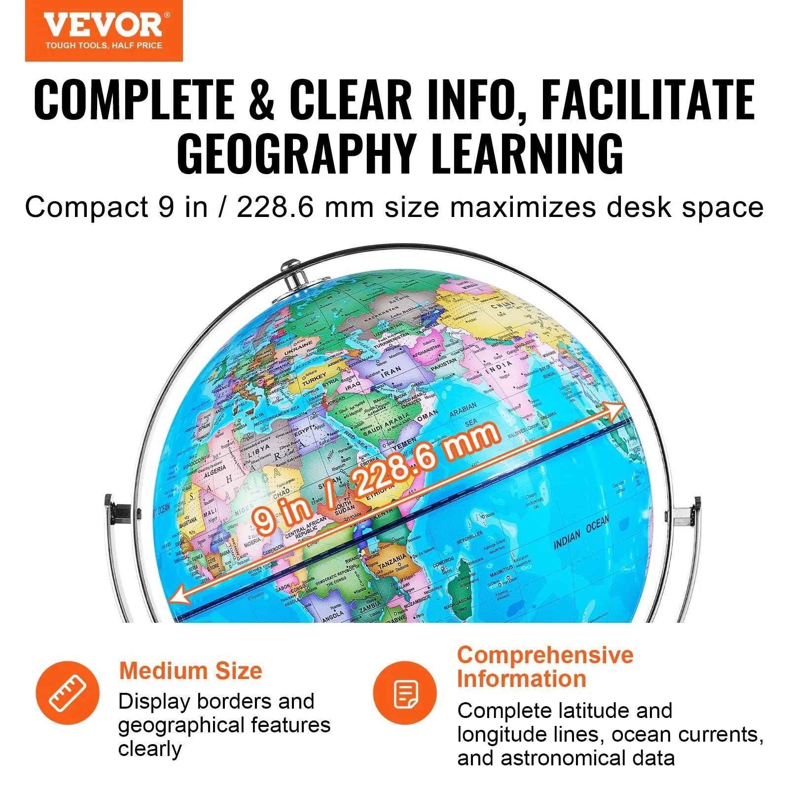 VEVOR Illuminated World Globe with Stand, 9 in/228.6 mm, Educational Earth Globe with Stable Heavy Metal Base and LED Constellat