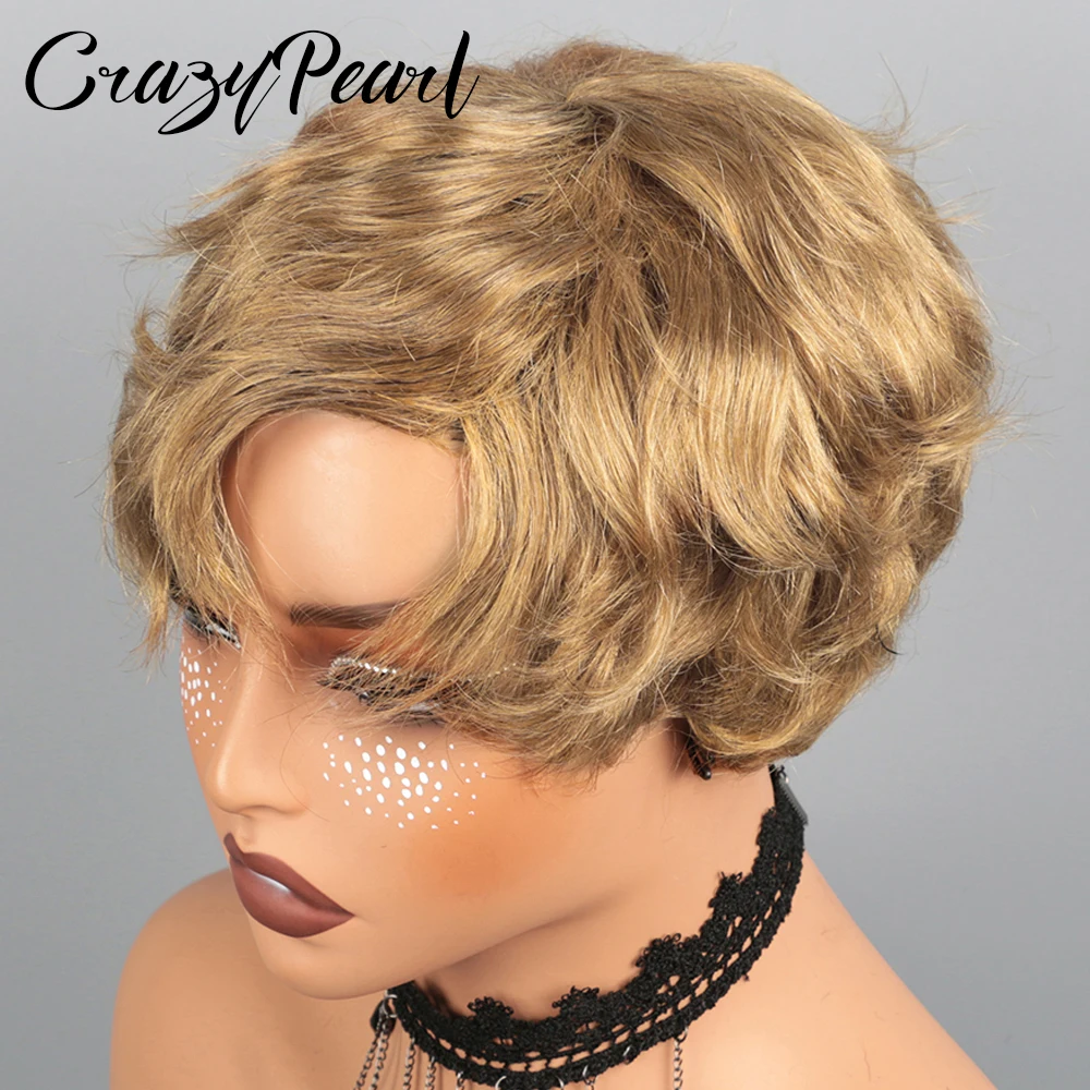 Perruques courtes CrazyPearl en cheveux humains, couleur brun clair, coupe pixie, 100 % cheveux naturels, entièrement fabriquées à la machine, sans colle