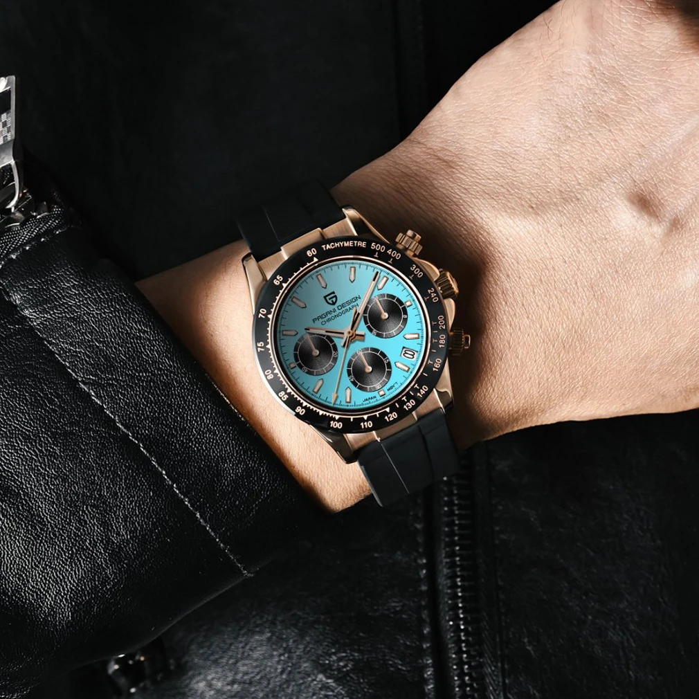 PAGANI DESIGN Reloj de cuarzo de estilo deportivo luminoso resistente al agua esfera azul de oro rosa regalo de Festival de moda reloj para hombre + caja