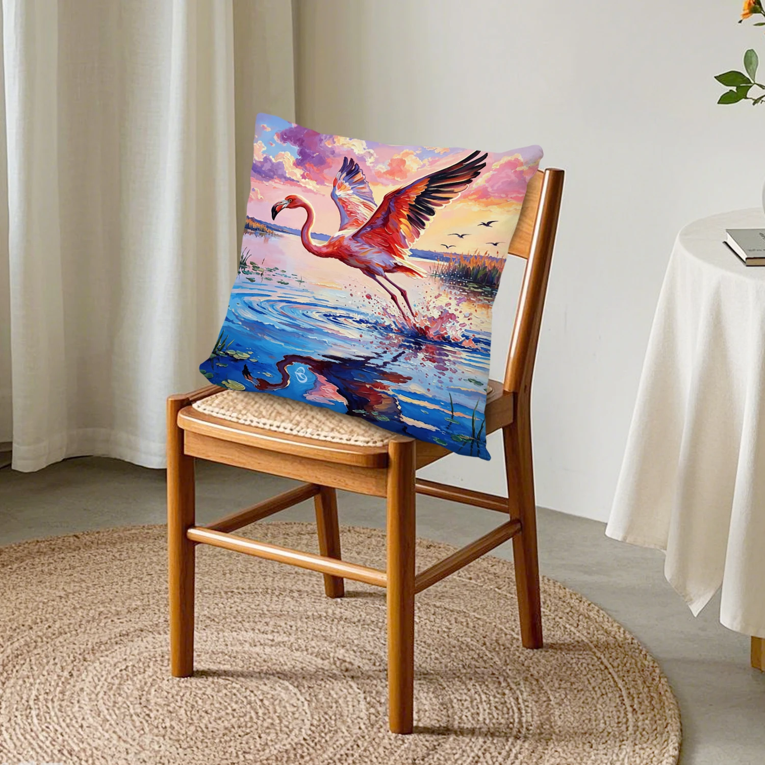 Flamingo Bird Pillow Cover Tropical Lake Sunset Landscape Linen Cushion Case Nature Artwork Home Decor Sofa Bedroom Patio Accent