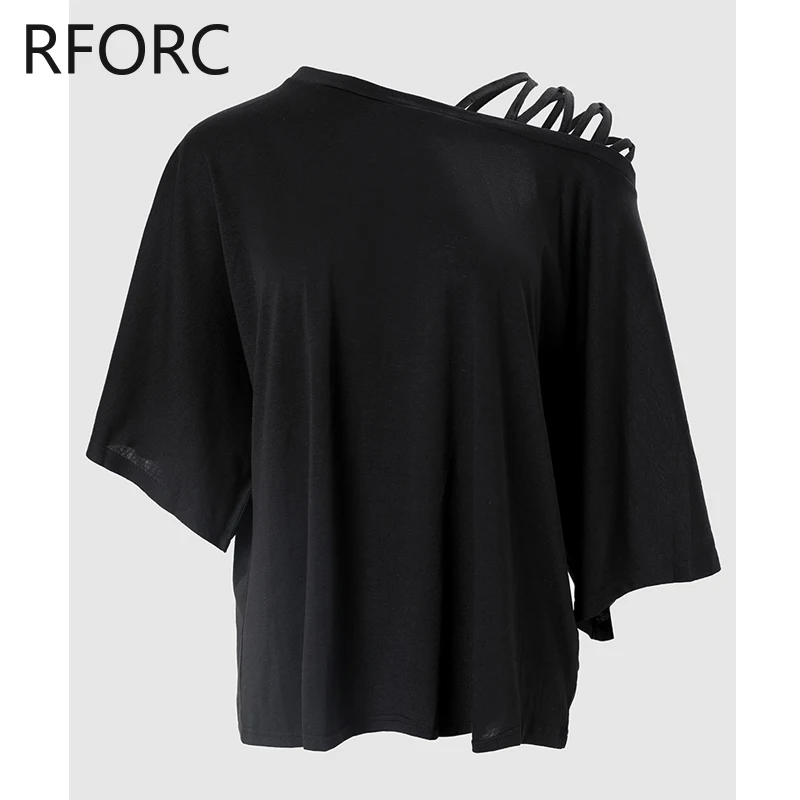 2024 Women Chic Solid Batwing Sleeves One Shoulder Off Criss Cross Loose Fit Blouse Tops