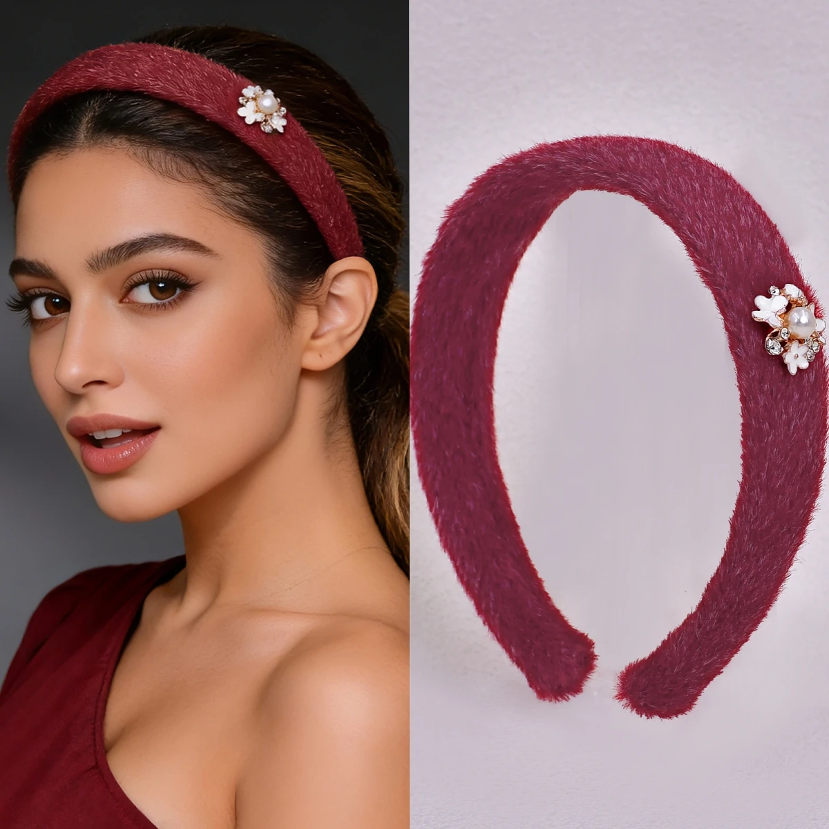 秋-冬ソリッドカラーのヘアバンドパール装飾ファジーヘッドバンド女性のエレガントなスタイルの滑り止めヘアネクタイヘアアクセサリー-sa40