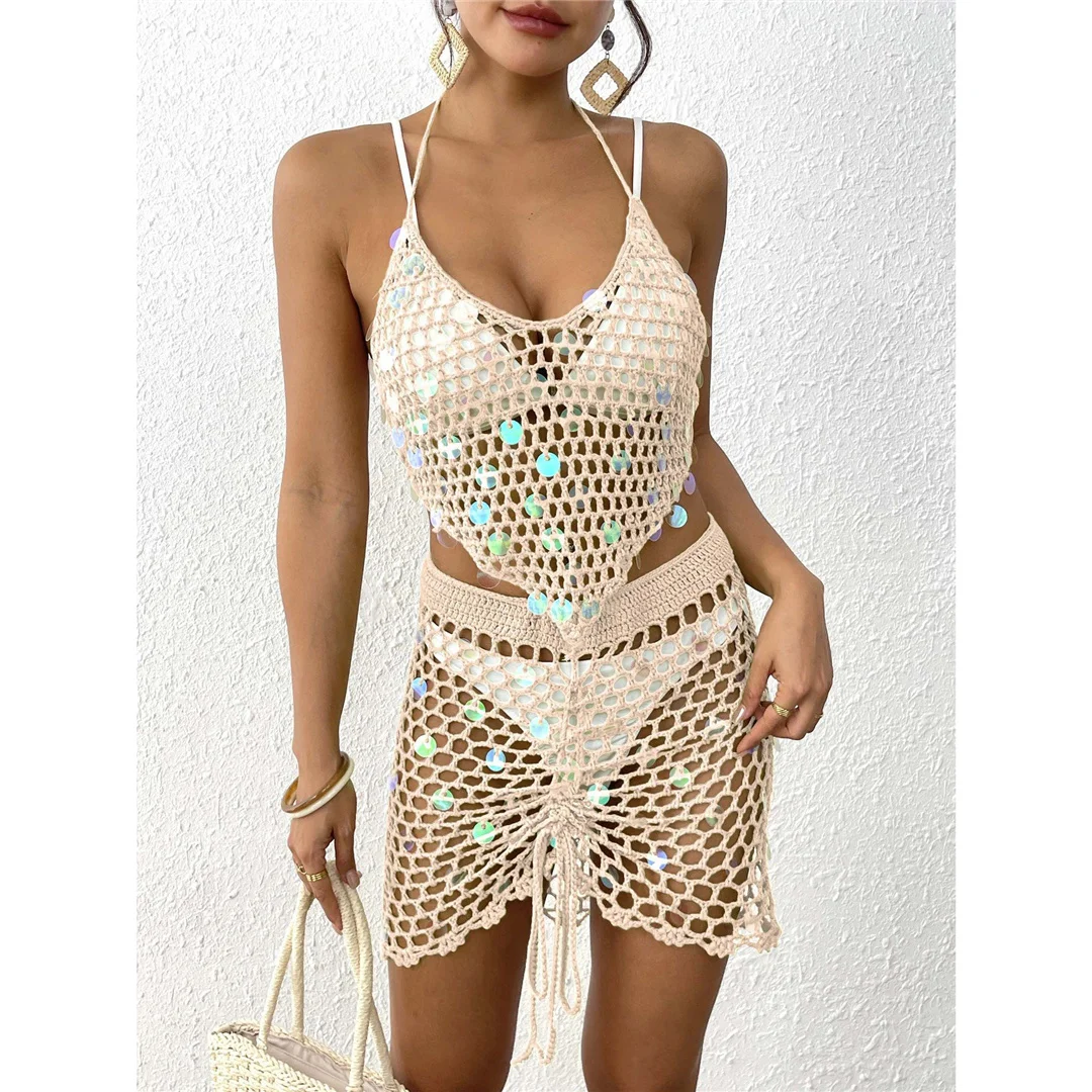 

Новый ажурный вязаный крючком комплект из 2 предметов: юбка и пляжная накидка/платье для женщин