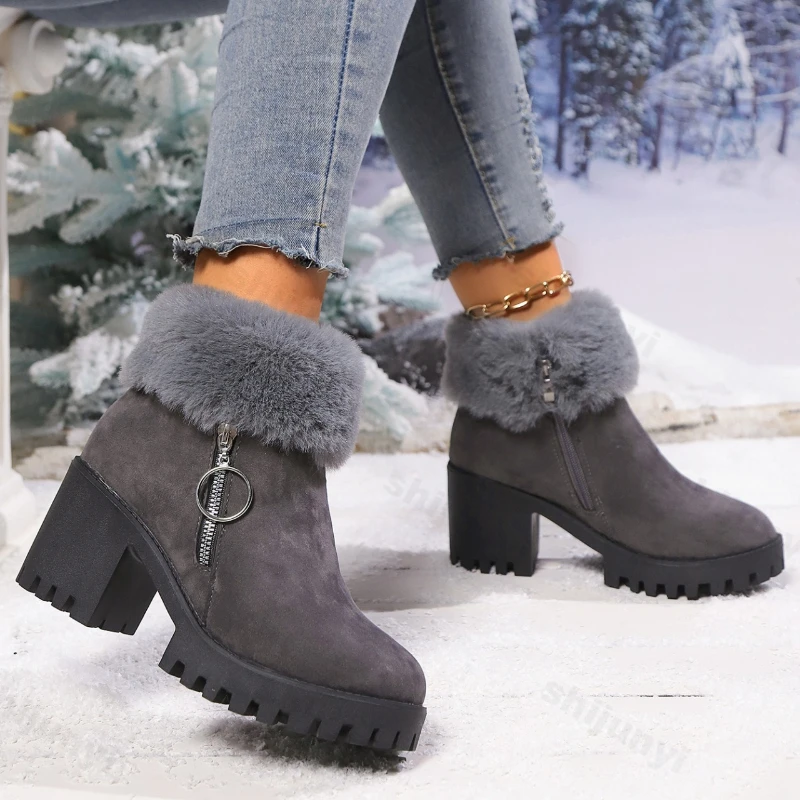 أحذية نسائية كبيرة الحجم موضة الشتاء بسحاب جانبي حافة مدمجة أحذية قطنية خارجية غير قابلة للانزلاق أحذية مريحة بكعب متوسط