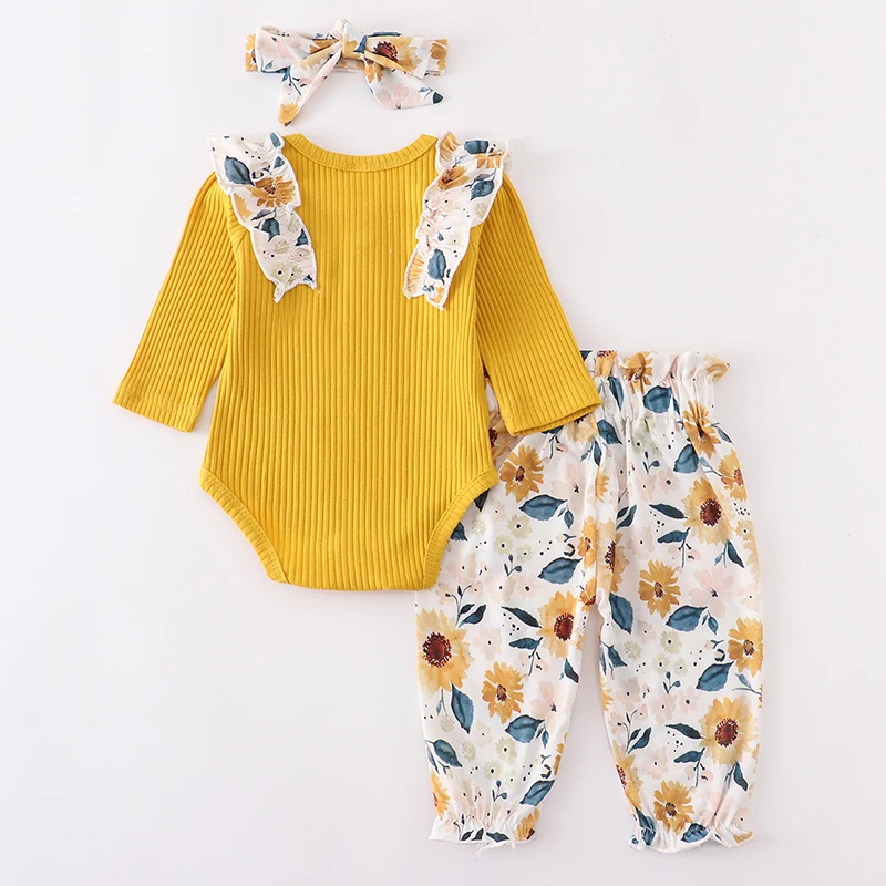 Autumn Newborn Baby Girl Clothes Fashion Sets Cute Ruffles Floral  Long Sleeve Yellow Flowers Long Pants Headband Infant Outfits