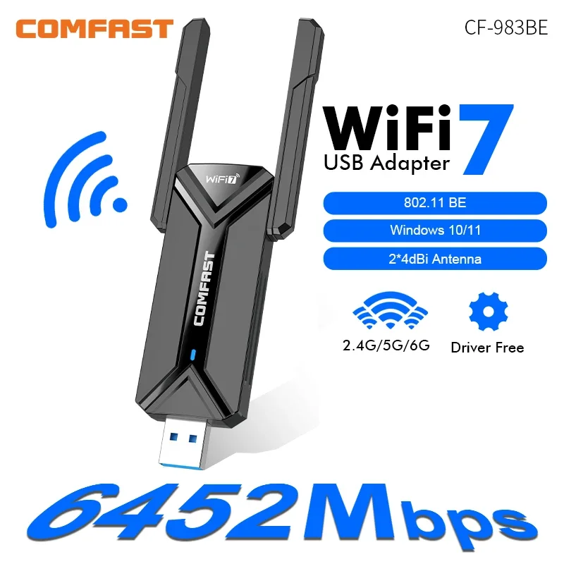 

Comfast 6500Mbps WiFi 7 USB WiFi Adapter USB 3.0 802.11BE WiFi Dongle Tri-Band 2.4G/5G/6GHz Network Card Win10/11 Driver-free