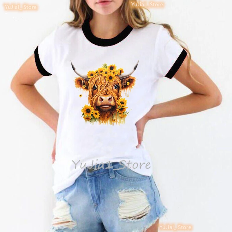 Sunflower Highland Cow Animal Printed T Shirt Women Harajuku Kawaii Clothes Funny Casual Tshirt Femme Short Sleeve T-Shirt