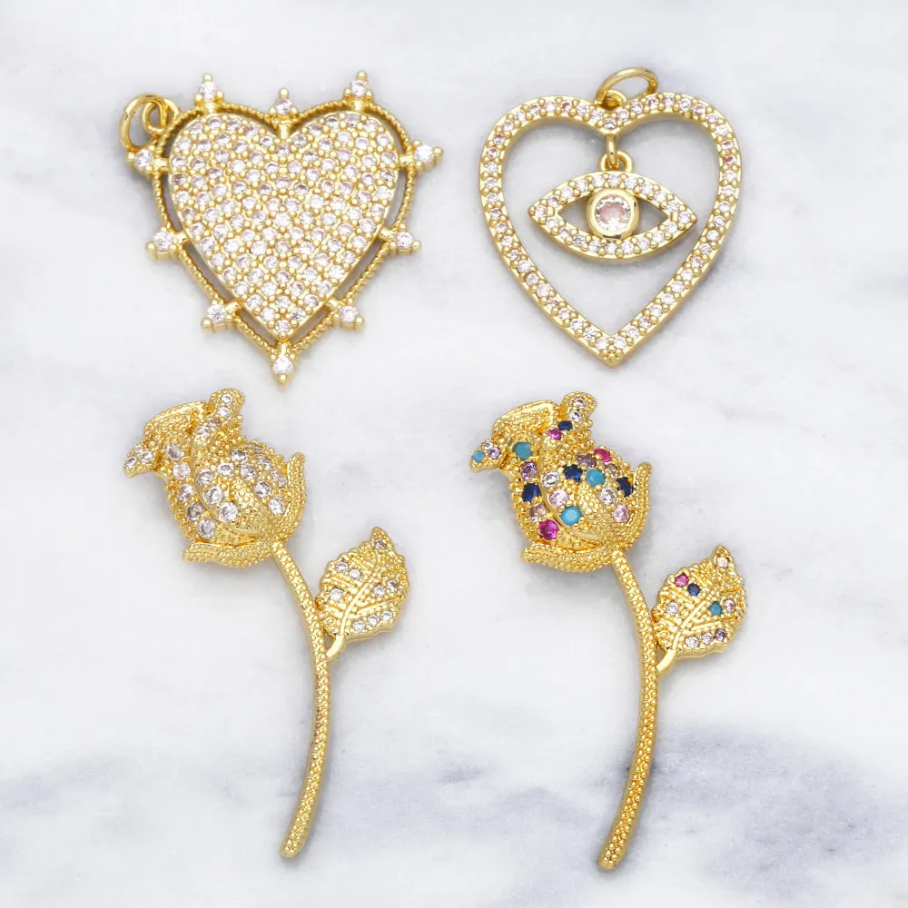 Ocerio arco-íris grande flor pingentes para um colar de cobre banhado a ouro zircão suprimentos para jóias pdta594