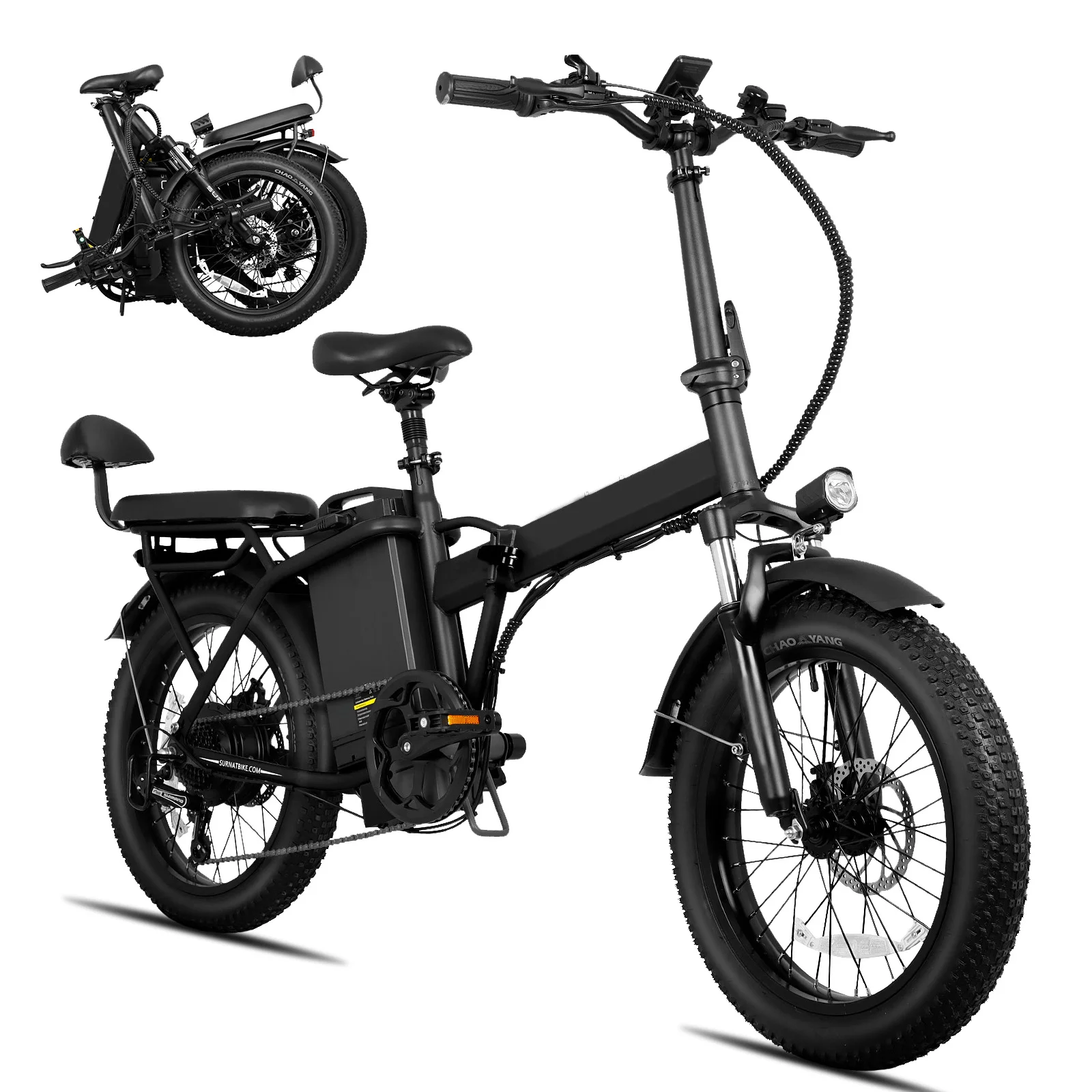 750W electric adult folding electric bicycle with front and rear disc brakes, 48V 32Ah detachable battery, 20 inch wide tires