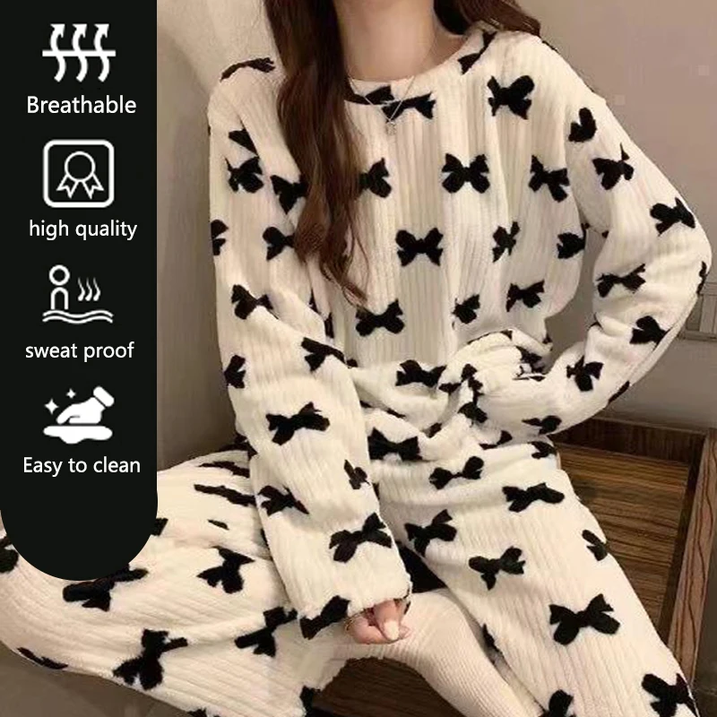 Thickened Warm Autumn Winter Coral Velvet Pajamas Female Long-Sleeved Homewear Easy to Clean Women School Sleepwear Two-Piece