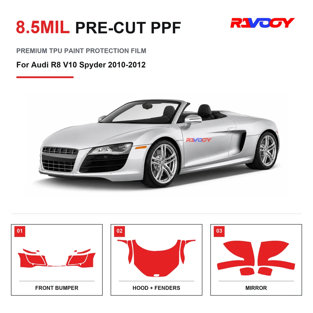 Precut PPF For Audi R8 V10 Spyder 2010-2012 8.5mil TPU Clear Paint Protection Film Self Healing Hydrophobic UV Stone Chip Guard