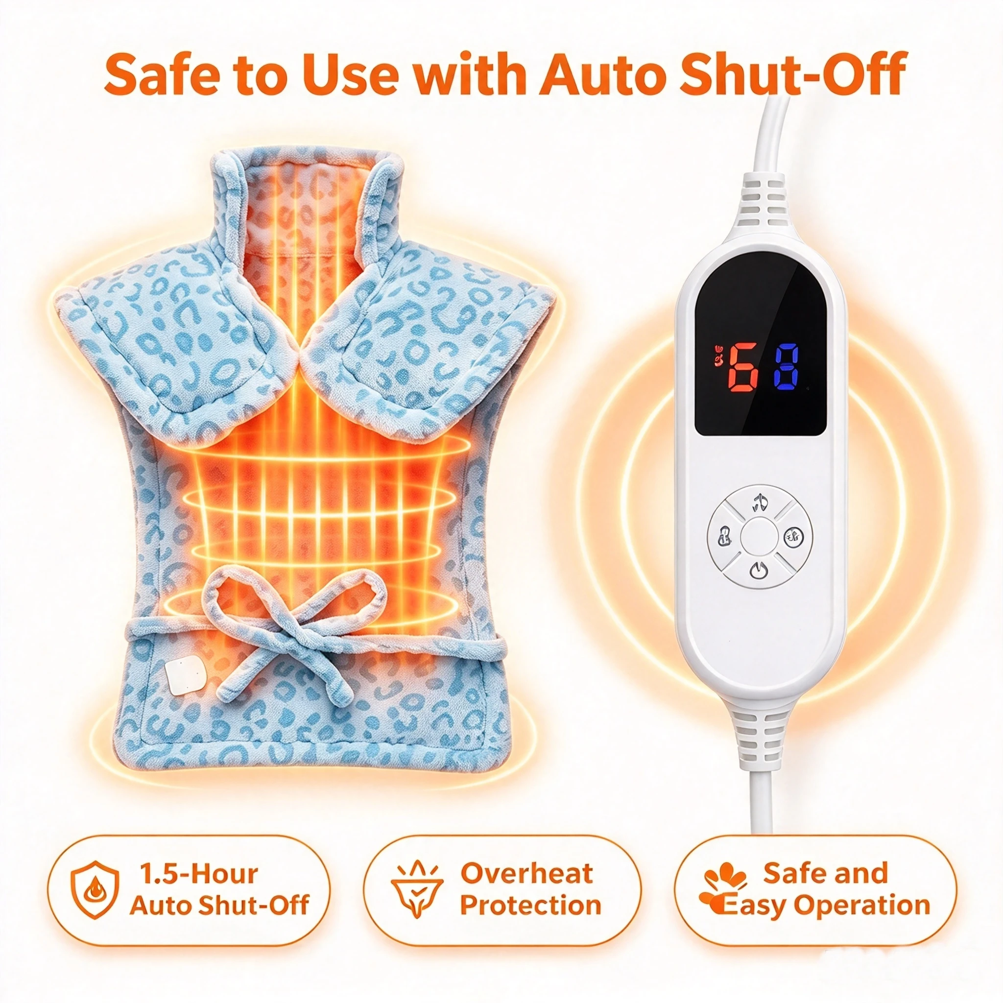 Electric Heating Pad for Back, Neck & Shoulders, Wearable Heating Pad with 6 Heat Levels, 3 Auto-Off Timer Settings Ultra-Soft