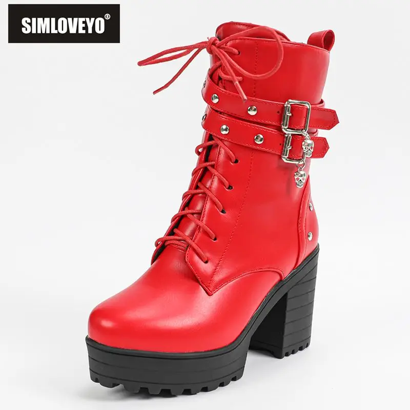 SIMLOVEYO Female Brown Low Cut Boots Rounded Toe 9cm Chunky Heel 3.5cm Sole Zip Tie Up Big Size 42 43 44 Career Woman Boots