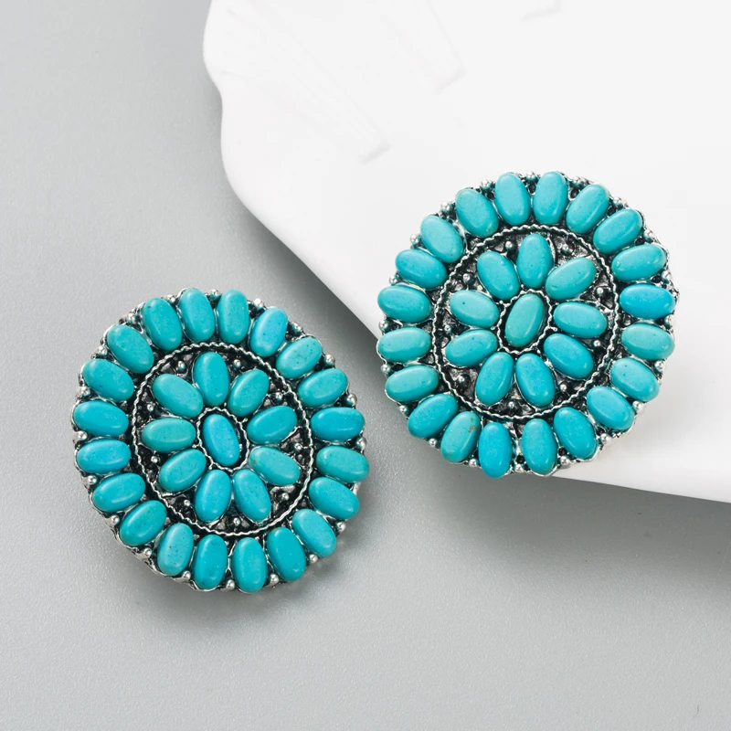 European and American Retro Geometric Round Turquoise Earrings, Fashionable and Personalized Temperament Turquoise Earrings