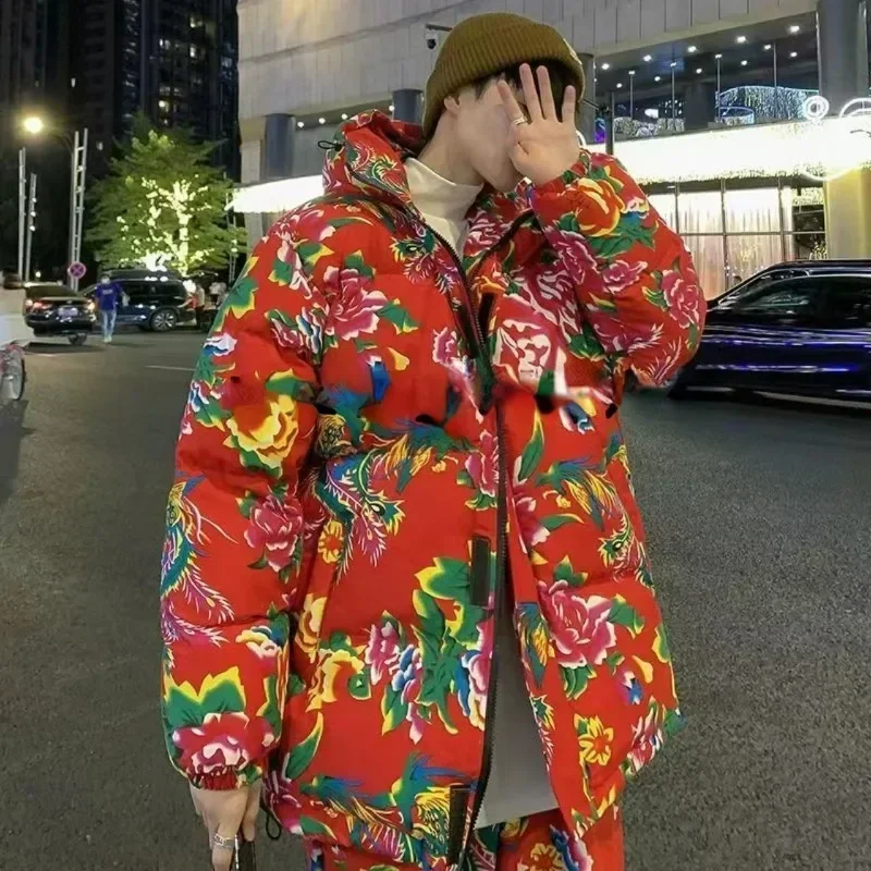 Stand Neck Loose Grunge Thicken Coats Chinese Style Autumn Winter New Puffer Jacket Chic Flower Print Zipper Vintage Parkas Y2k