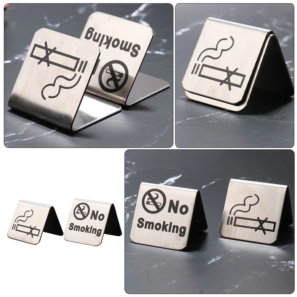 2 Pcs No Smoking Sign Simple Design Signs Tent Easy to Clean Desk Stainless Steel for Home