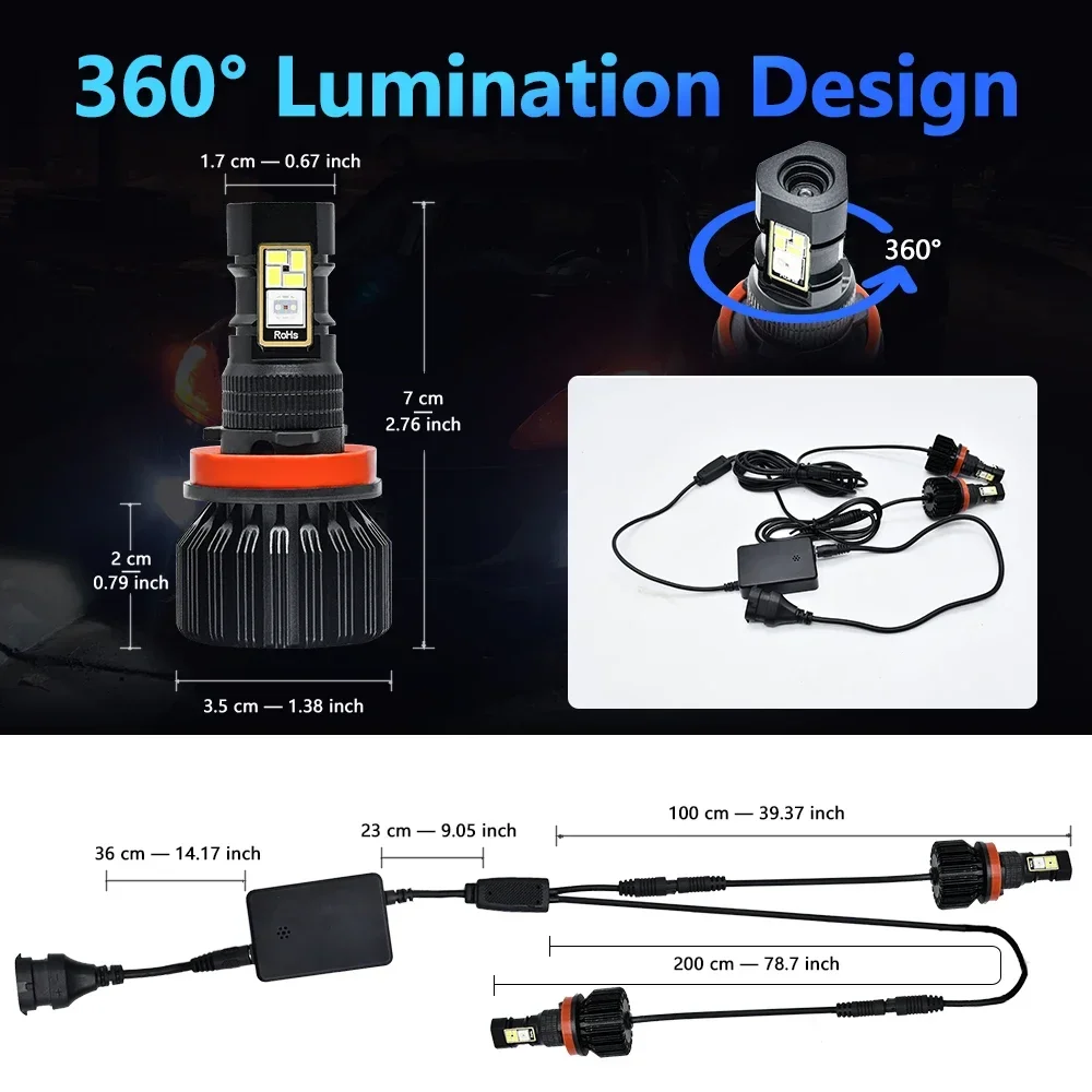 Bayerley RGB 5050 LED Fog Light 15000LM  H8/9/11/9005/ 9006 360° High Bright APP Bluetooth Control Auto Headlight Fog Lamp  60W