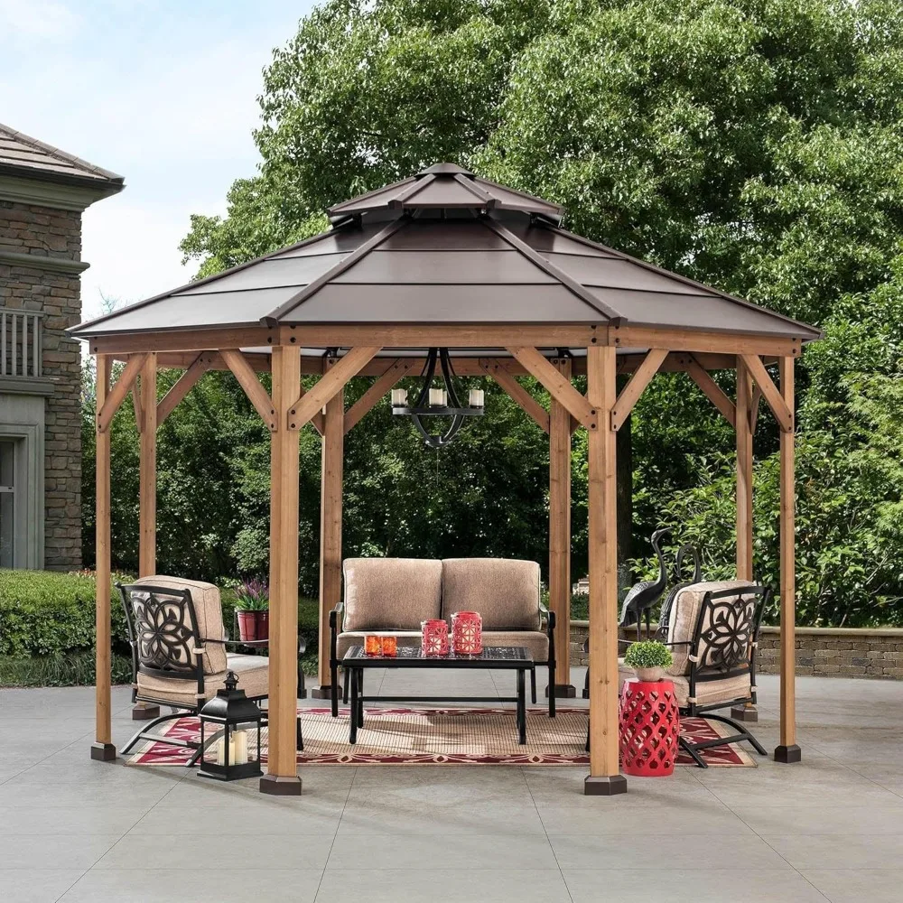 13 x 13 ft. Cedar Framed Octagon Wood Gazebo with Brown Double Tiered Steel Hardtop Roof and Ceiling Hook