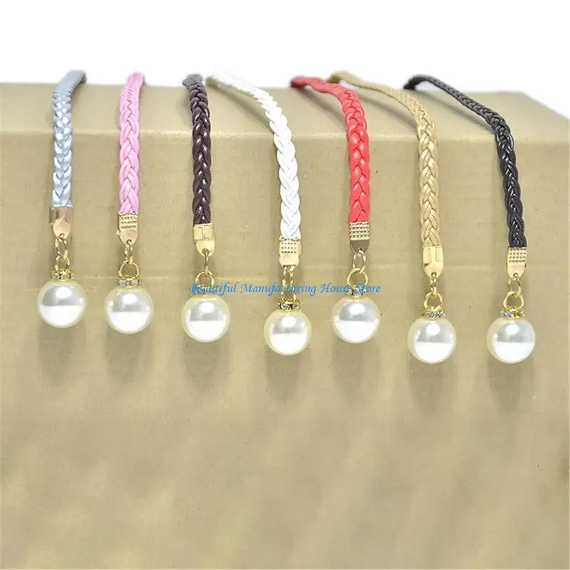 E56A Elegant Braided Waist Belt with Pearls Decors Woven PU Waist Rope for Women Dress