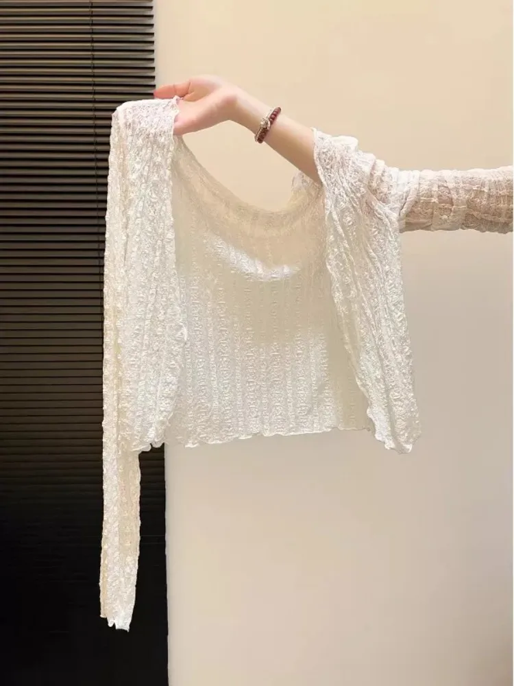 Lace Mesh Sun Protection Light Weight Cardigan for Women Summer Sleeveless Shawl Air Conditioning Cover up with Strap Dress