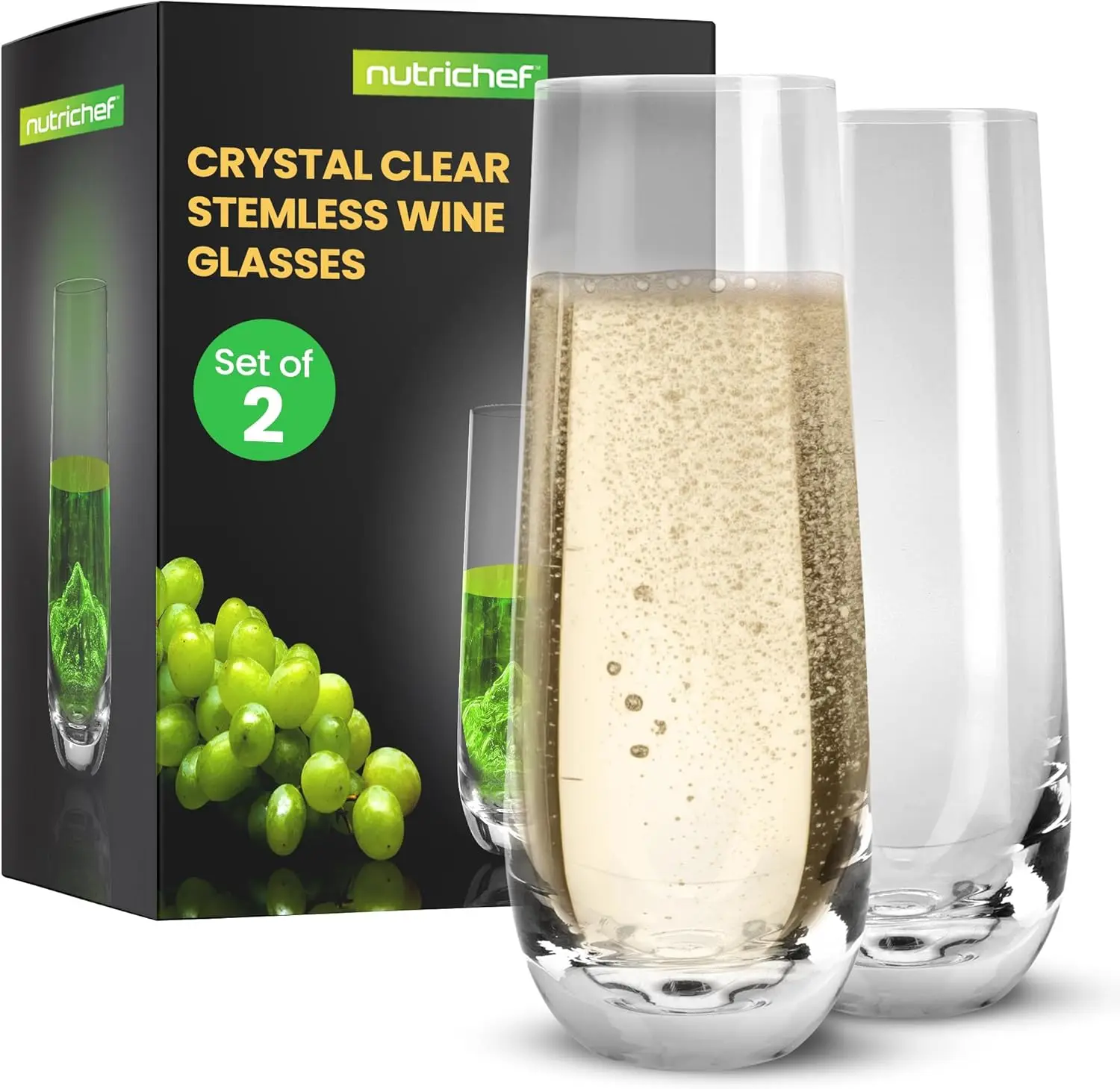 

2-Piece Stemless Champagne Flutes - 6.4' Crystal Wine Glasses, Dishwasher Safe, Prosecco & Cocktail Glass Set