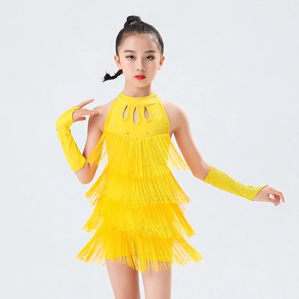 

Kids Latin Dance Playsuit Sequin Fringe Halter Neck with Choker & Arm Sleeves Girls Salsa Tango Competition Costume Dance Dress