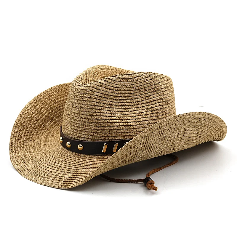 Straw Cowboy Hat with Metal Plated Hatband Shapeable Cowgirl Jazz Caps For Dad Summer Western Sombrero Vacation Beach Sunhat