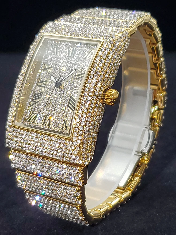 Gold Men's Watches Rectangle Dial Luxury Diamond Fashion Big Wristwatches Luminous Point Iced Quartz Watch For Men Dropshipping
