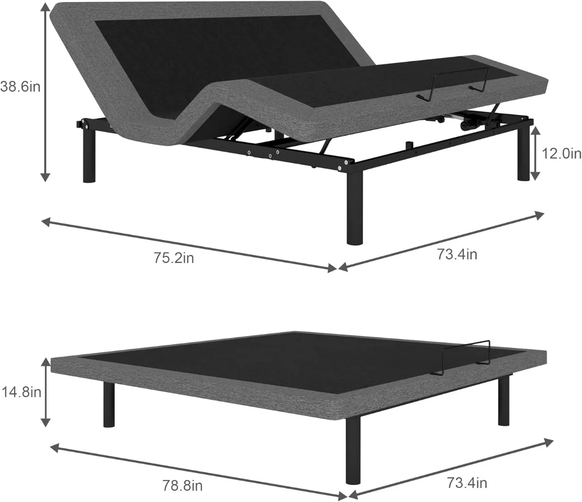 Ergonomic King Size Adjustable Bed Base, Wireless Remote Control, Whisper Quiet Durable Motor, Independent Head and Foot