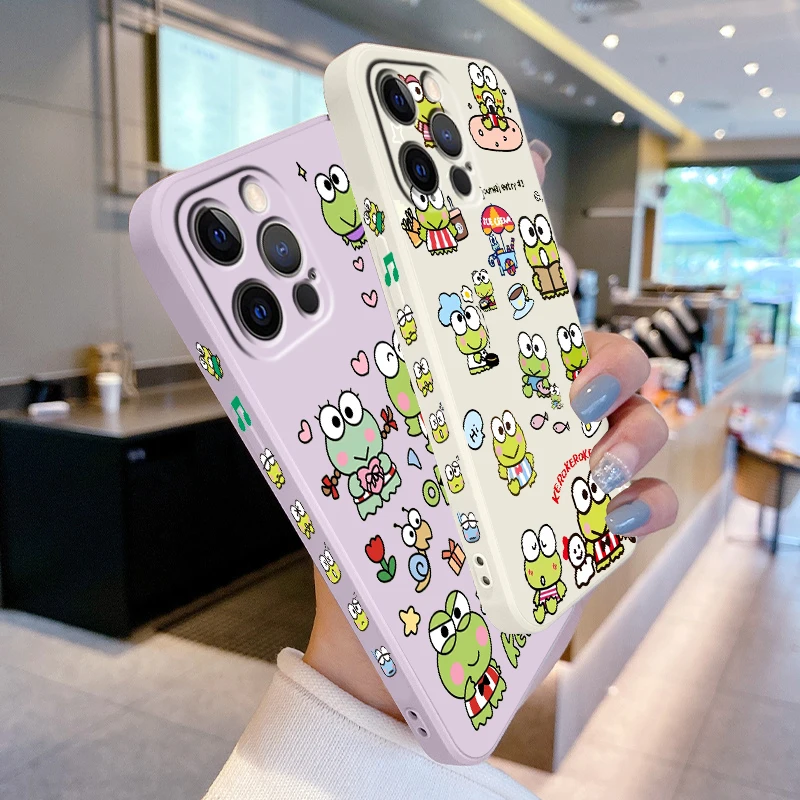 Kero Kero Keroppi Sanrio Cute Liquid Left Rope For Apple iPhone 15 14 13 12 11 XS XR X 8 7 SE Pro Max Plus Mini Cover