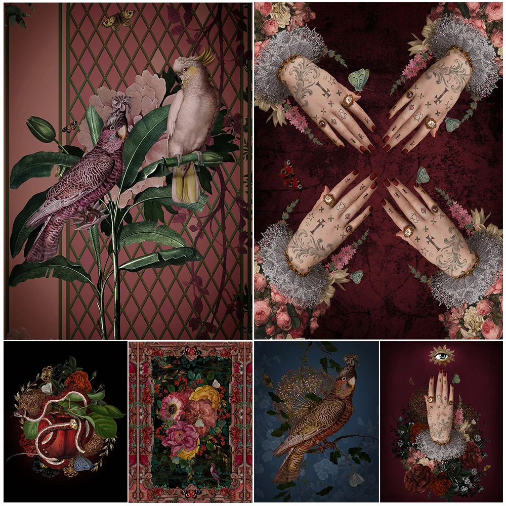 Owl And Parrot Fantasy Drawing Wall Art Canvas Painting Mysterious Magic And Witchcraft Element Vintage Art Poster Print Decor