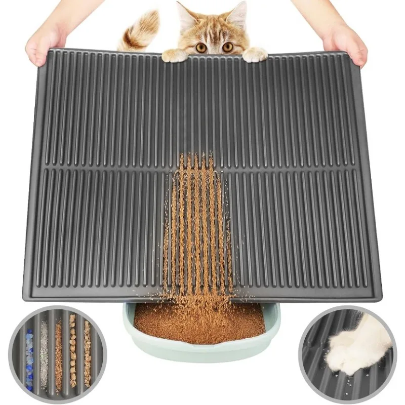 Easy Clean Single Layer Cat Litter Trapping Mat,Waterproof,Raised Edges & Grooves Prevent Urine Leak and Spill (Grey, 45”x31”)