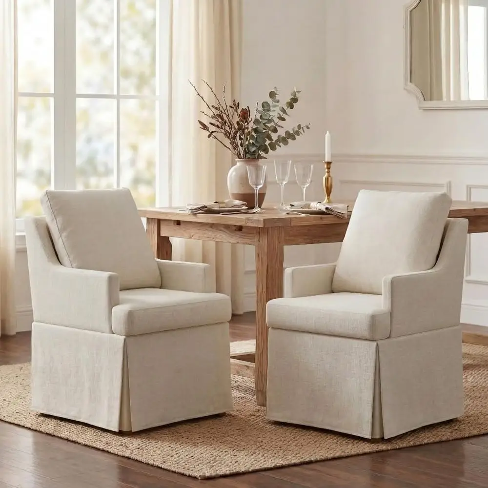 Set of 2 Upholstered Dining Chairs with Casters, Linen Armchairs for Kitchen, Dining Room, Bedroom, Living Room, Beige