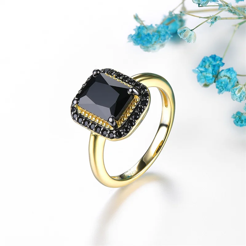 18K Yellow Gold Ring for Women Silver 925 Original Natural Black Spinel Ring Gemstone Ring For Women Anniversary Gift Jewewlry