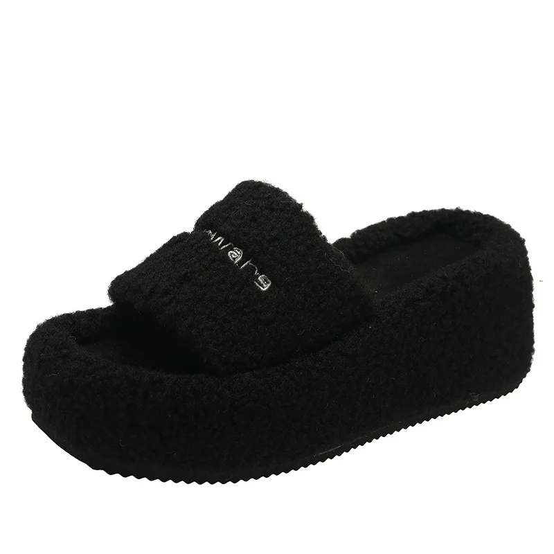 Thick Fluffy Fur Slippers 2023 New Women Winter House Warm Furry Slippers Women Flip Flops Home Slides Flat Indoor Floor Shoes