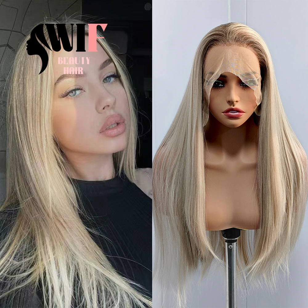 WIF Ombre Blonde Straight Synthetic Wig Light Black Root Ash Blonde Heat Friendly Lace Front Wigs Women Makeup Use Platinum Hair