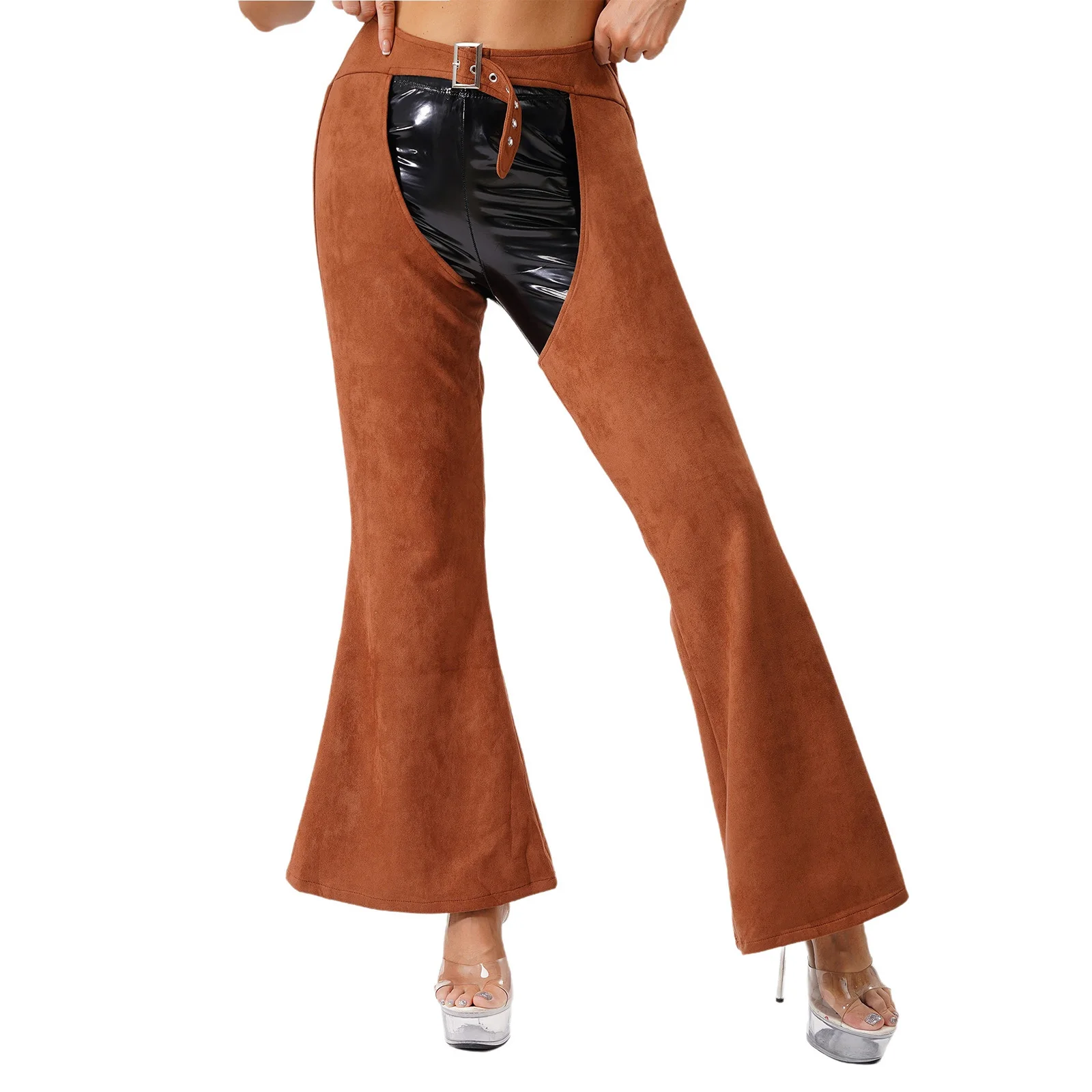 النساء خمر راعية البقر الغربية الفصول السراويل قابل للتعديل الخصر الجوف خارج كاوبوي السائق السراويل واسعة الساق السراويل لركوب الدراجات النارية #1