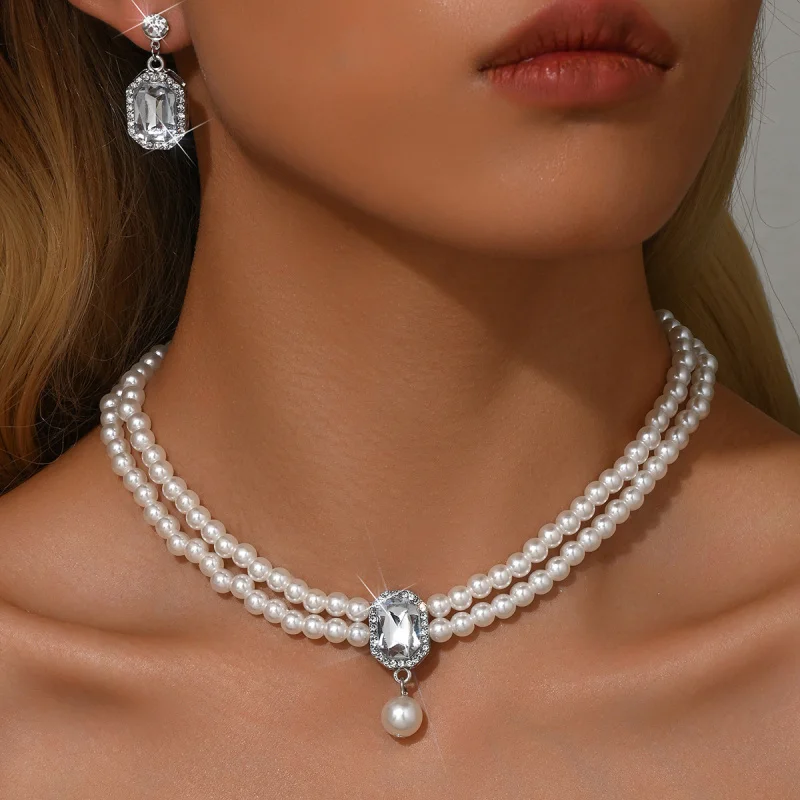 

Double Layer Pearl Necklace Super Flash Full Diamond Tassel Necklace Earrings Set Women's Light Luxury High-end Sense Clavicle C