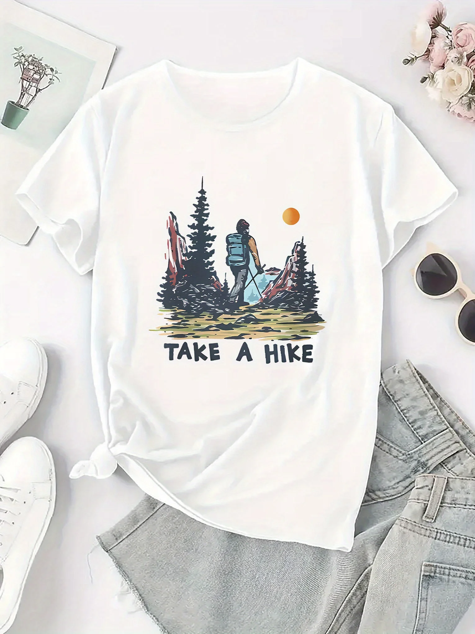 تي شيرت نسائي كاجوال برسومات Hiker بأكمام قصيرة Harajuku ملابس كاجوال بأكمام قصيرة ملابس علوية للشارع ملابس جمالية